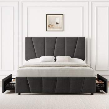 Whizmax Bed Frame with Adjustable Headboard and 4 Storage Drawers, Upholstered Platform Bed Frame with Wooden Slats Support, Dark Grey
