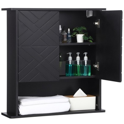 Wood Wall Mounted Bathroom Storage Cabinet with Adjustable Shelf and Towel Bar, Black