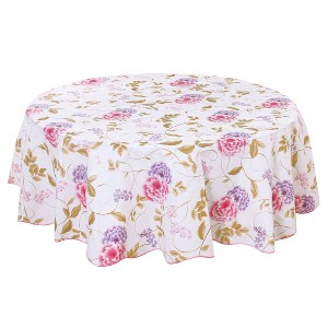 PiccoCasa Round Vinyl Water Oil Resistant Printed Tablecloths Red Purple Flower 70" Dia - 1 of 4