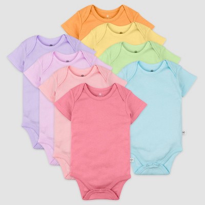 Honest Baby Girls' 8pk Rainbow Organic Cotton Short Sleeve Bodysuit - Pink/Violet/Yellow Newborn