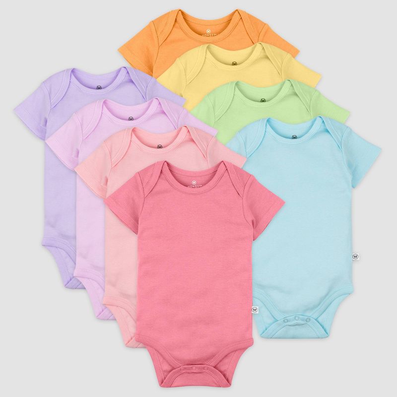 Honest Baby Girls' 8pk Rainbow Organic Cotton Short Sleeve Bodysuit - Pink/Violet/Yellow, 1 of 4