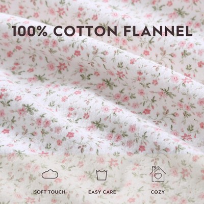 Evie Soft Pink Cotton Flannel King Sheet Set with Floral Pattern