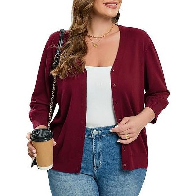 Women's Plus Size Cardigan Open Front Oversized Button Lightweight Sweaters V Neck Loose 3/4 Sleeve Cardigans Knit Outwear