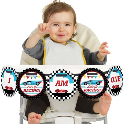 Big Dot of Happiness Let's Go Racing - Racecar 1st Birthday Highchair Decor - I Am One - First Birthday High Chair Banner