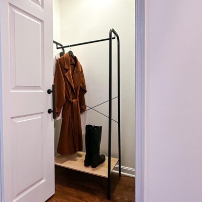 Single Shelf Garment Rack Black Metal With Natural Wood