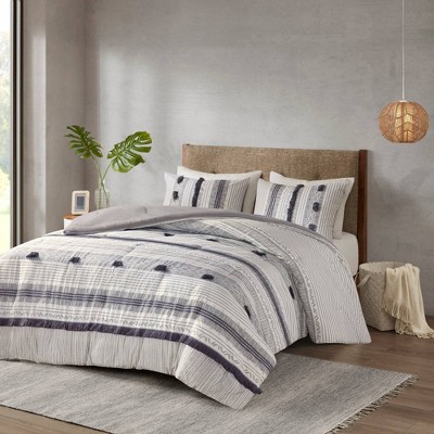 Gray and Navy Queen Cotton Comforter Set with Pom Accents