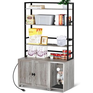 Tall Cat Litter Box Enclosure Furniture with Shelves, Hidden Cat Litter Box Furniture, Wooden Litter Box Cabinet with Sockets and Pull Out Tray - 1 of 4