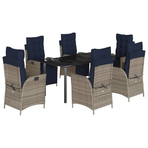 vidaXL 7-Piece Outdoor Patio Dining Set – Gray Poly Rattan Chairs with Navy Cushions & Tempered Glass Table, Recliner Seats for Garden/Patio. - 1 of 4