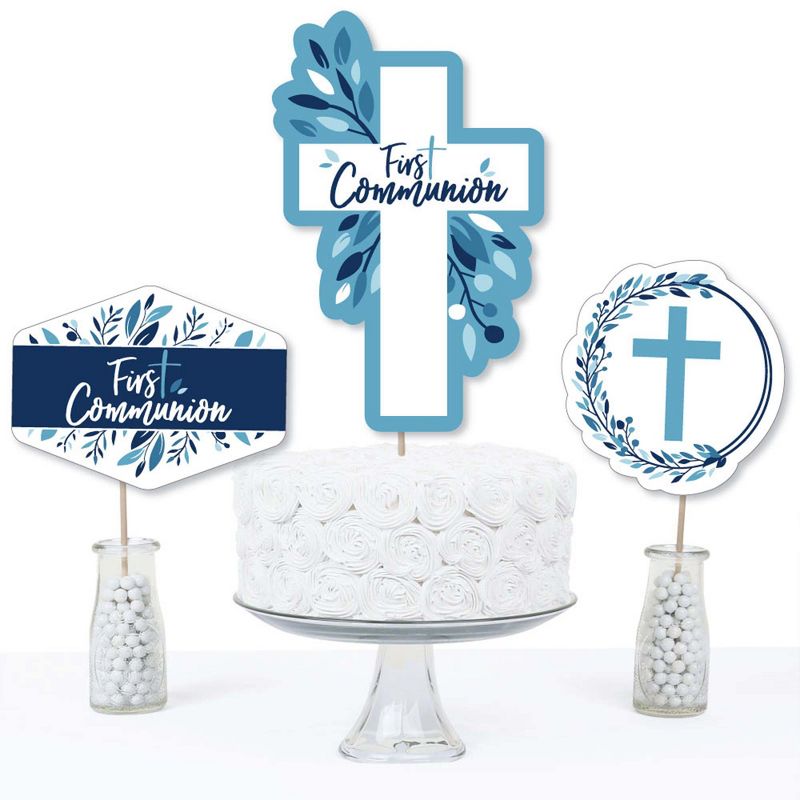 Big Dot of Happiness First Communion Blue Elegant Cross - Boy Religious Party Centerpiece Sticks - Table Toppers - Set of 15, 3 of 8