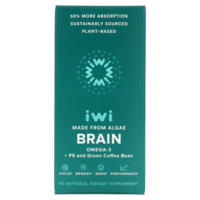iwi Brain Booster - Vegan Algae Omega 3 + PS & Green Coffee Bean Extract, EPA, DHA - 30 Day Supply