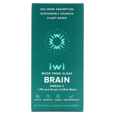 iwi Brain Booster - Vegan Algae Omega 3 + PS & Green Coffee Bean Extract, EPA, DHA - 30 Day Supply