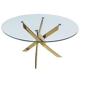 HomeRoots 54" Clear and Gold Glass and Metal Cross Leg Base Round Top Dining Table - 1 of 4