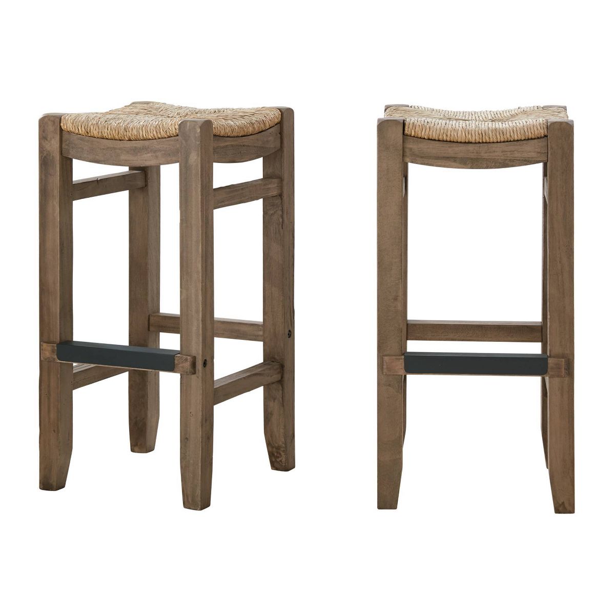 Set of 2 30" Davenport Wood Barstools with Rush Seats Light Amber - Alaterre Furniture: Rustic Industrial, Pine Frame