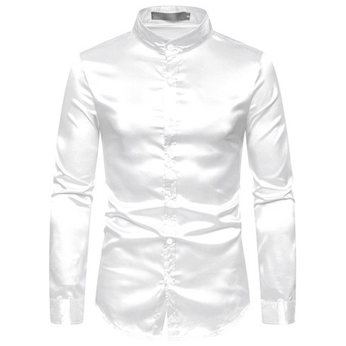 Lars Amadeus Men's Satin Long Sleeves Band Collar Button Down Solid ...