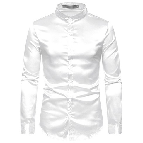 Lars Amadeus Men's Satin Long Sleeves Band Collar Button Down Solid Prom  Satin Shirts : Target