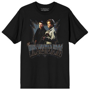 Supernatural Winchester Bros Sam & Dean with Guns on Black Short Sleeve Adult T-Shirt - 1 of 3