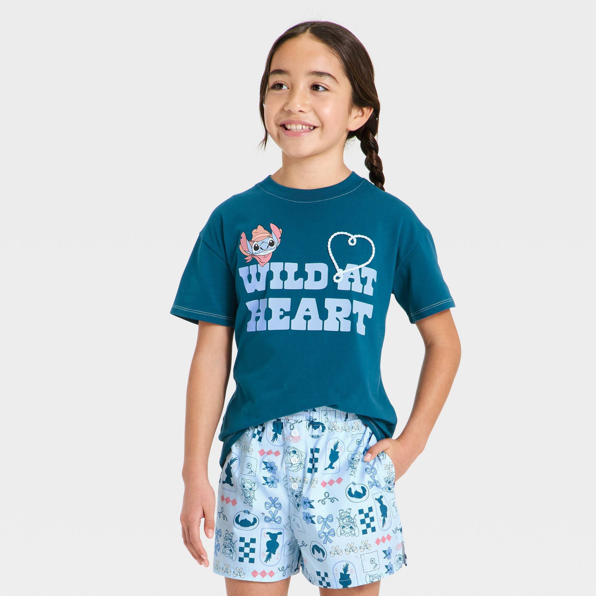 Girls' Disney Stitch Cowboy "Wild at Heart" Oversized Short Sleeve Graphic T-Shirt - Blue L