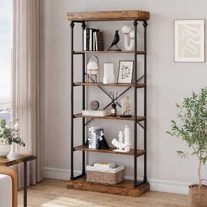 Bookshelf Industrial Bookcase Wooden Storage Open Rack Shelf with Metal Frame Rustic 6 Tier Tall Standing Bookshelves Large Display Rack - 1 of 4