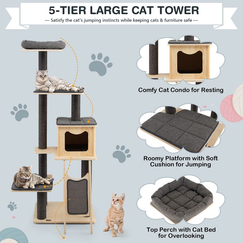 Tangkula 69 in Modern Wood Cat Tree 5-Tier Tall Cat Tower w/ Washable Cushions, 5 of 11