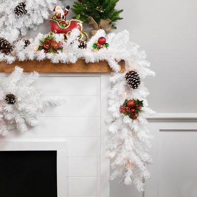 9' White Pre-Lit Snowy Pine Christmas Garland with Clear Lights
