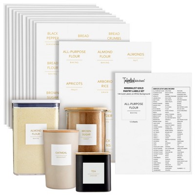 Talented Kitchen 144 Pantry Labels for Containers for Food Storage, Preprinted Gold All Caps Fine Line on Matte White Vinyl Stickers