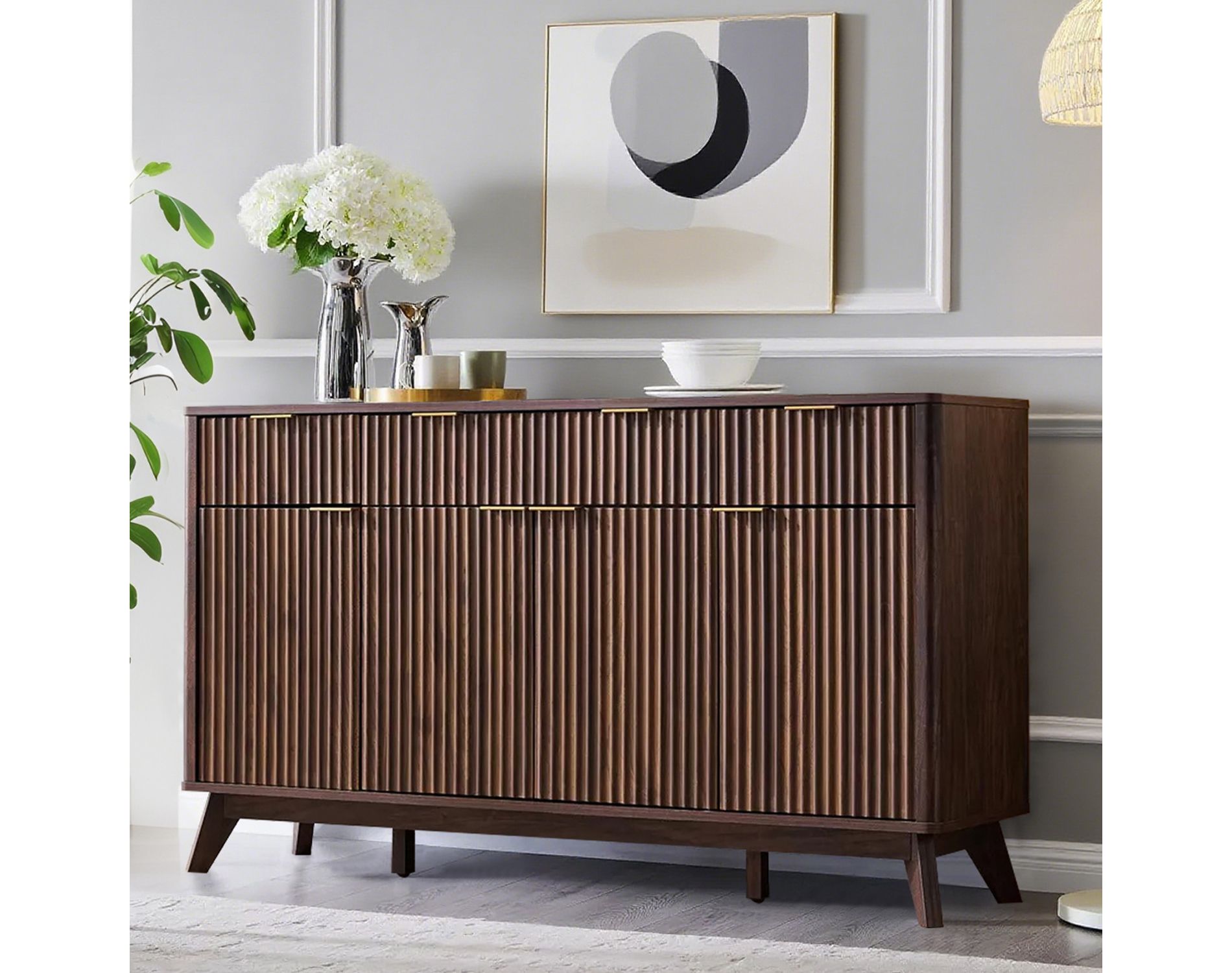 60" Buffet Sideboard Cabinet, Fluted Coffee Bar Table with 3 Drawers & 4 Doors, Modern Sideboard for Dining Room, Living Room, Dark Walnut