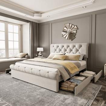 Full/Queen Size Linen Upholstered Platform Bed with 4 Drawers and Antique Curved Headboard, Beige - ModernLuxe