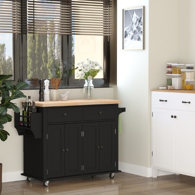 Compact Modern Black Kitchen Island Cart with Rubberwood Top and Storage