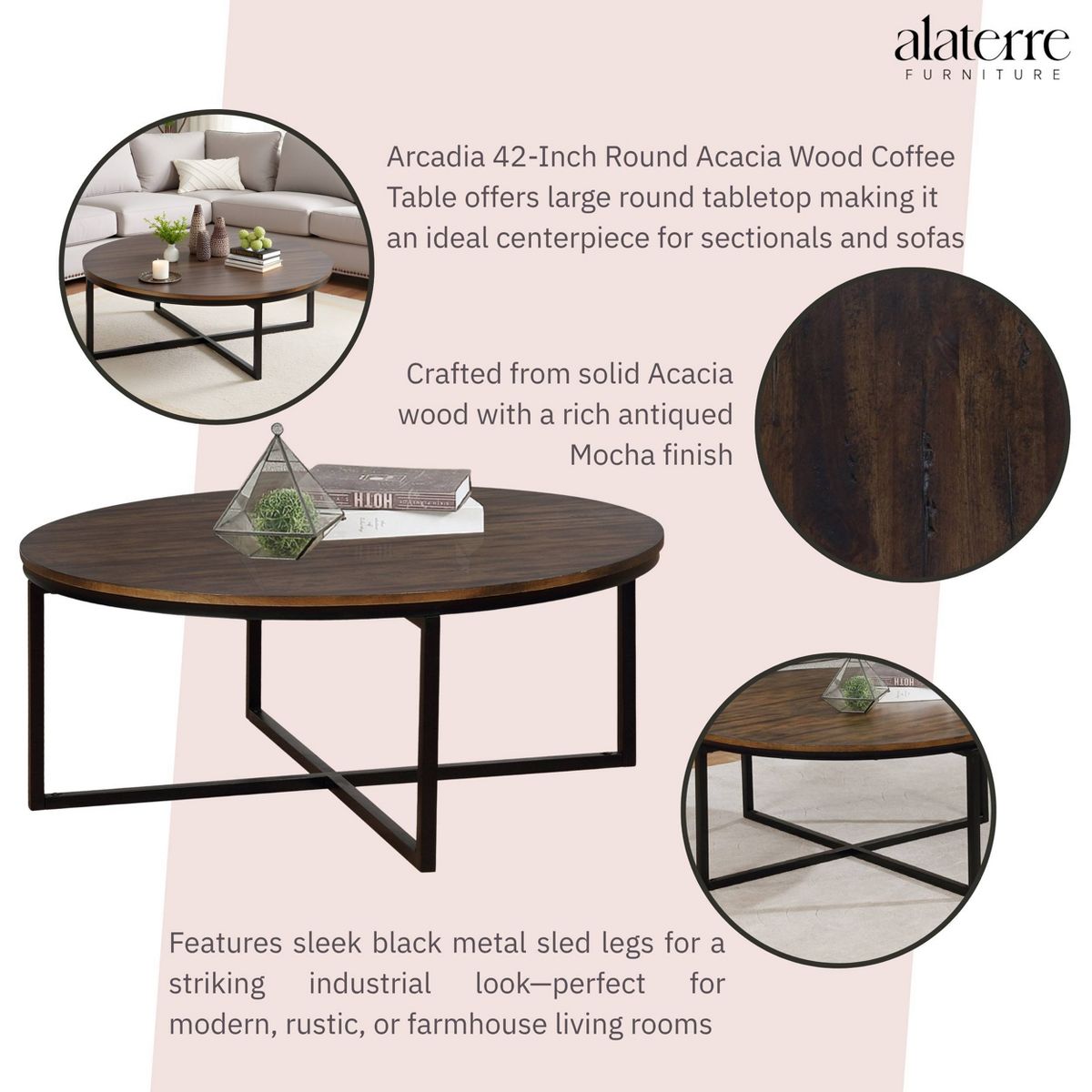 42" Arcadia Acacia Wood Round Coffee Table Dark Brown - Alaterre Furniture - thumbnail 3