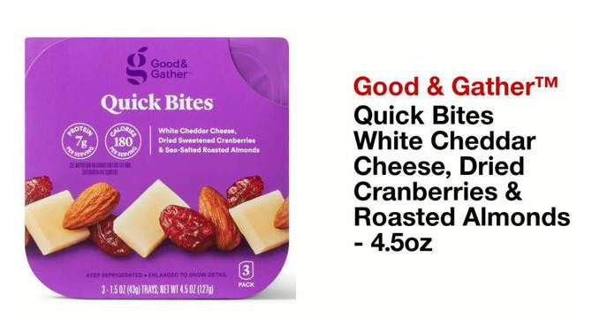 Quick Bites White Cheddar Cheese, Dried Sweetened Cranberries &#38; Sea-Salted Roasted Almonds - 4.5oz/3ct - Good &#38; Gather&#8482;, 2 of 7, play video