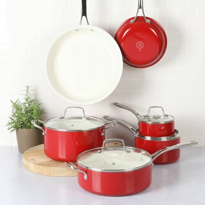 Red 10-Piece Aluminum Ceramic Nonstick Cookware Set