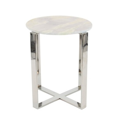 White Marble and Stainless Steel Round Accent Table