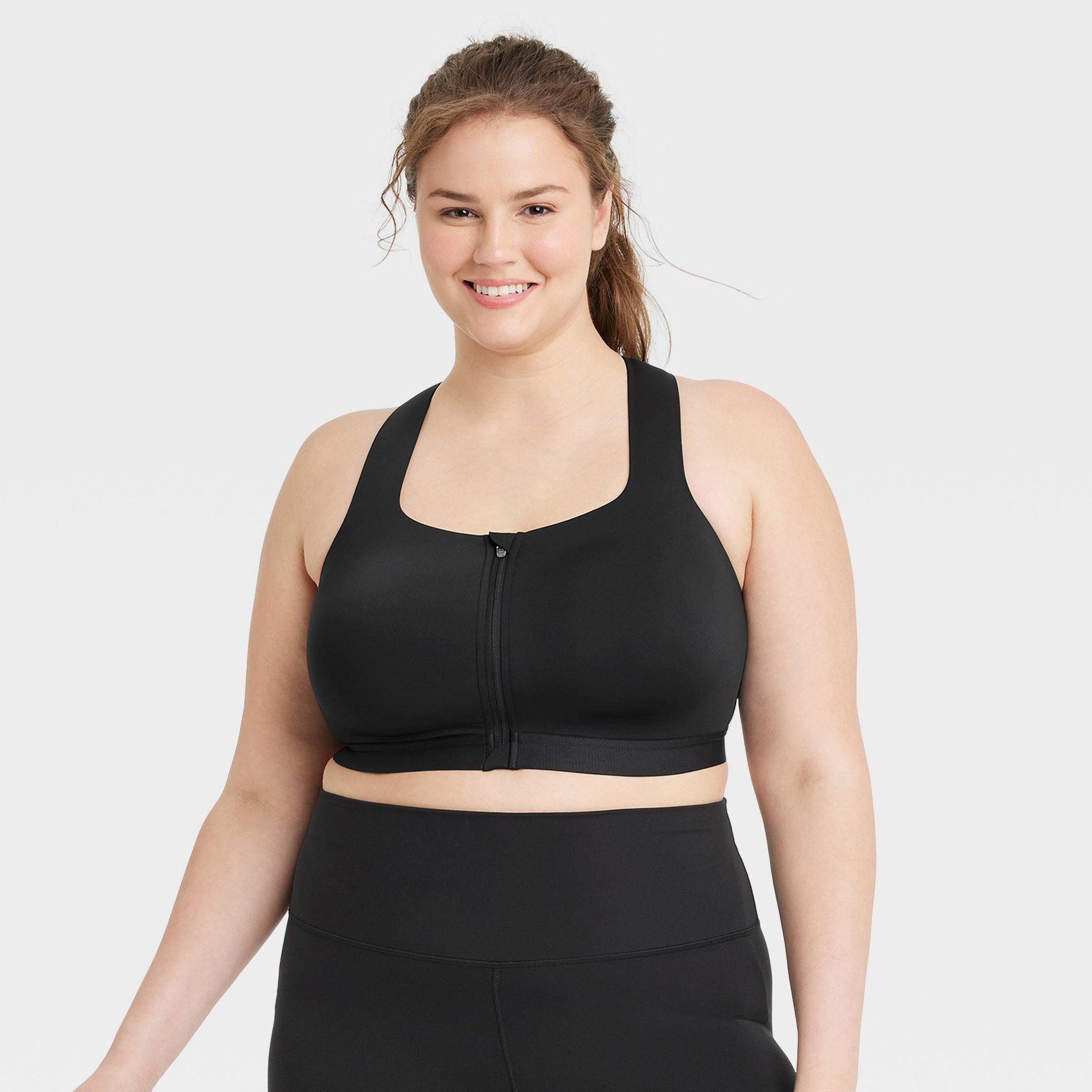 Women's Sculpt High Support Zip-Front Sports Bra - All In Motion™ Black 44C: Molded Wireless, Adjustable Straps