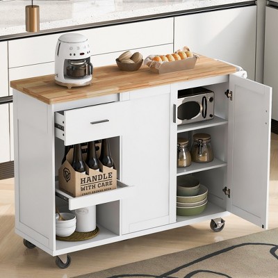 Rolling Kitchen Island, with Spice Rack, Towel Rack, Open Side Racks, Power Outlet and Storage Drawers, Multiple Design Styles and Color Combinations