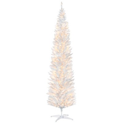 HOMCOM 8' Tall Pre-Lit Slim Noble Fir Artificial Christmas Tree with Realistic Branches, 300 Warm White LED Lights and 618 Tips, White