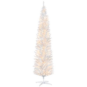 HOMCOM 8' Tall Pre-Lit Slim Noble Fir Artificial Christmas Tree with Realistic Branches, 300 Warm White LED Lights and 618 Tips, White - 1 of 4