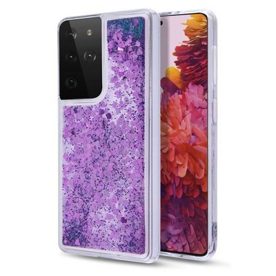 MyBat Quicksand Glitter Hybrid Protector Cover Case Compatible With Samsung Galaxy S21 Ultra - Hearts Purple