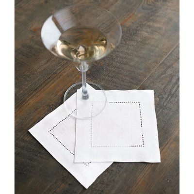 Light Natural Linen Hemstitch Cocktail Napkins Set of 12