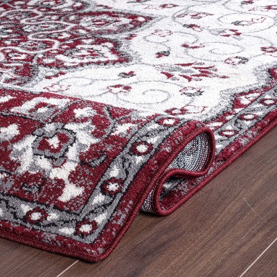 Burgundy and Ivory Medallion Synthetic Runner Rug