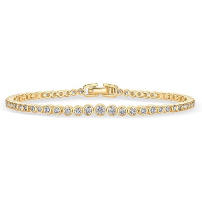14K-18K Gold Plated Simulated Diamonds Bezel Set Tennis - Round Pear Heart Statement Bride Gold Bracelet Stack - Sizes 6.5-7.5 Inch