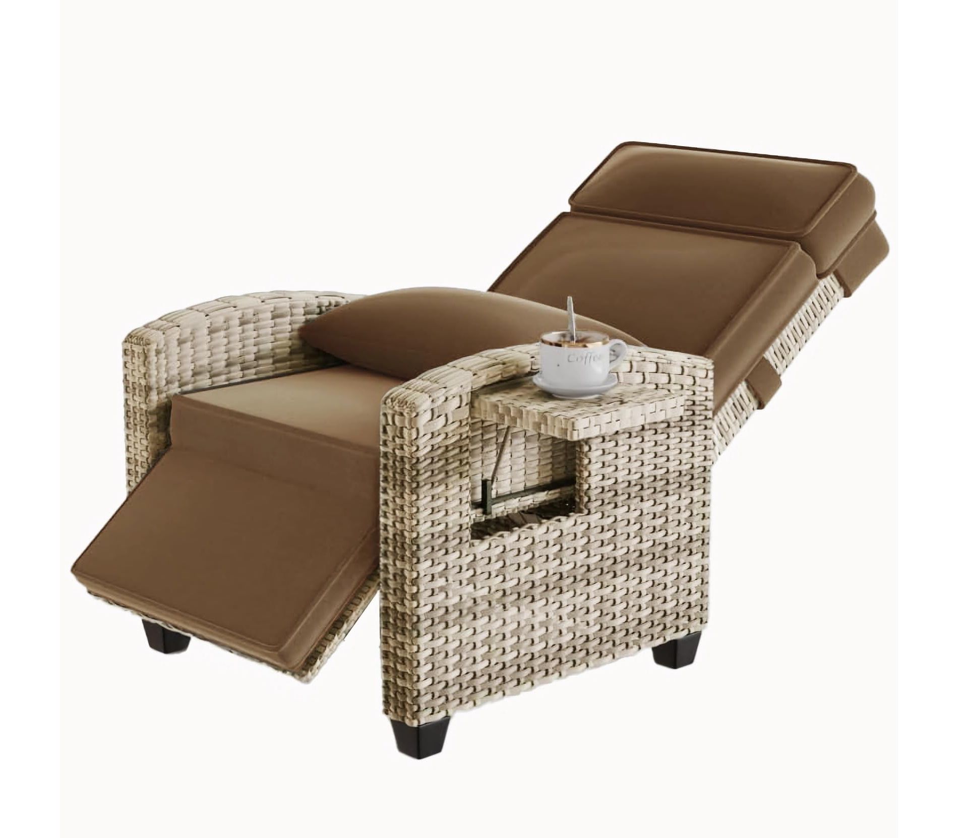 COZONY Outdoor Rattan Recliner Chair - 150° Adjustable Back & Extended Footrest, Flip-Up Table Removable Cushion for Patio