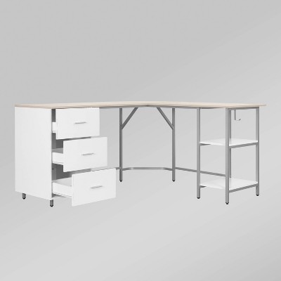 Sand Wood L-Shape Gaming Computer Desk with Drawer