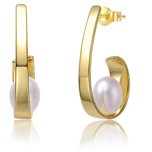 Guili Sterling Silver 14K Yellow Gold Plated Earrings with White Freshwater Pearl, Featuring Ribbon Half-Hoop Drop Design for Elegance - 1 of 2
