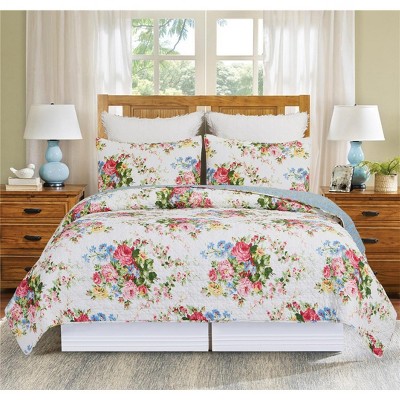 Cottage Rose Blue Floral Reversible Cotton Twin Quilt Set
