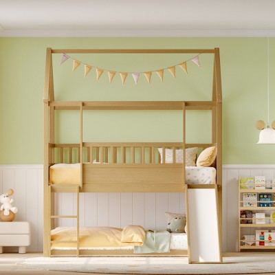 Bunk Bed With Convertible Slide And Ladder, Wooden Bed Frame With Safety Guardrail, Wood Slats, Wood Bunk Bed For Juniors, Boys, Girls, Kids