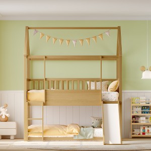 Bunk Bed With Convertible Slide And Ladder, Wooden Bed Frame With Safety Guardrail, Wood Slats, Wood Bunk Bed For Juniors, Boys, Girls, Kids - 1 of 4