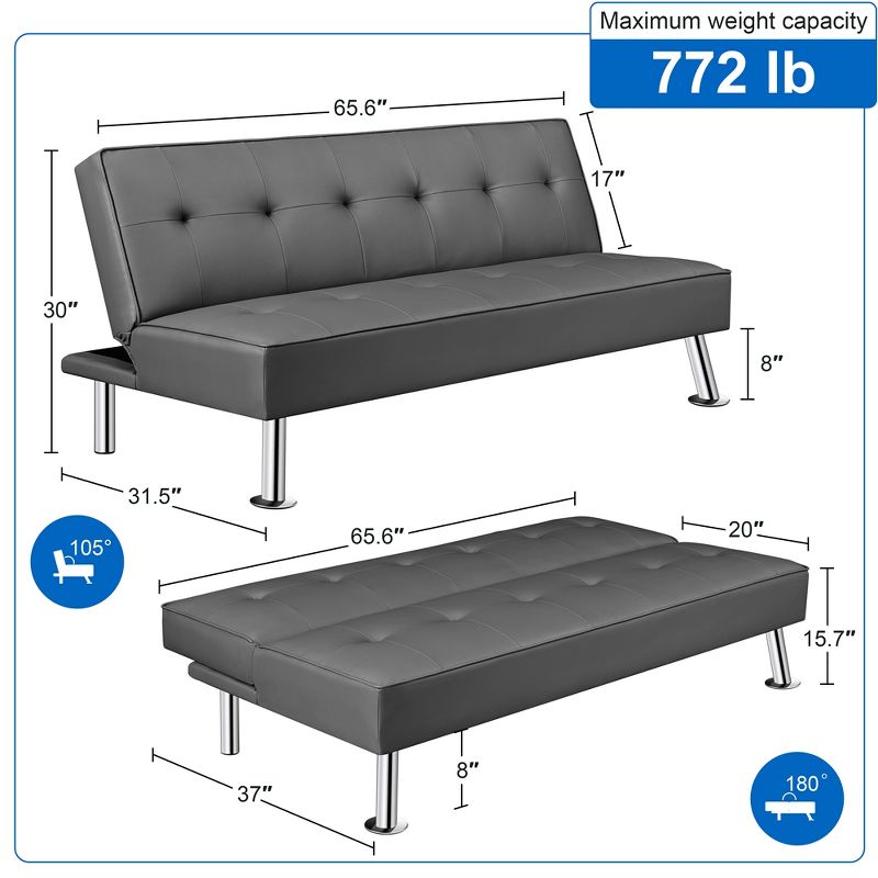 Yaheetech Faux Leather Adjustable Convertible Sofa Bed Couch Futon for Living Room, 5 of 11