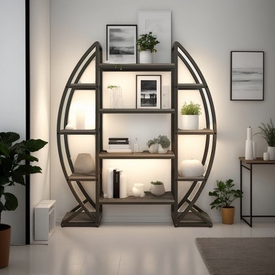 Hommoo Industrial Bookshelf, Oval Triple Wide Bookcases Display Shelves