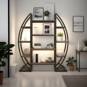 Hommoo Industrial Bookshelf, Oval Triple Wide Bookcases Display Shelves - 1 of 4