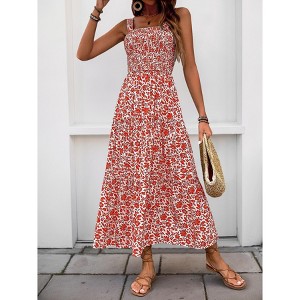 Womens Summer Floral Dresses Sleeveless Smocked Maxi Dress Spaghetti Strap A Line Ruffle Flowy Beach Long Dress - 1 of 4